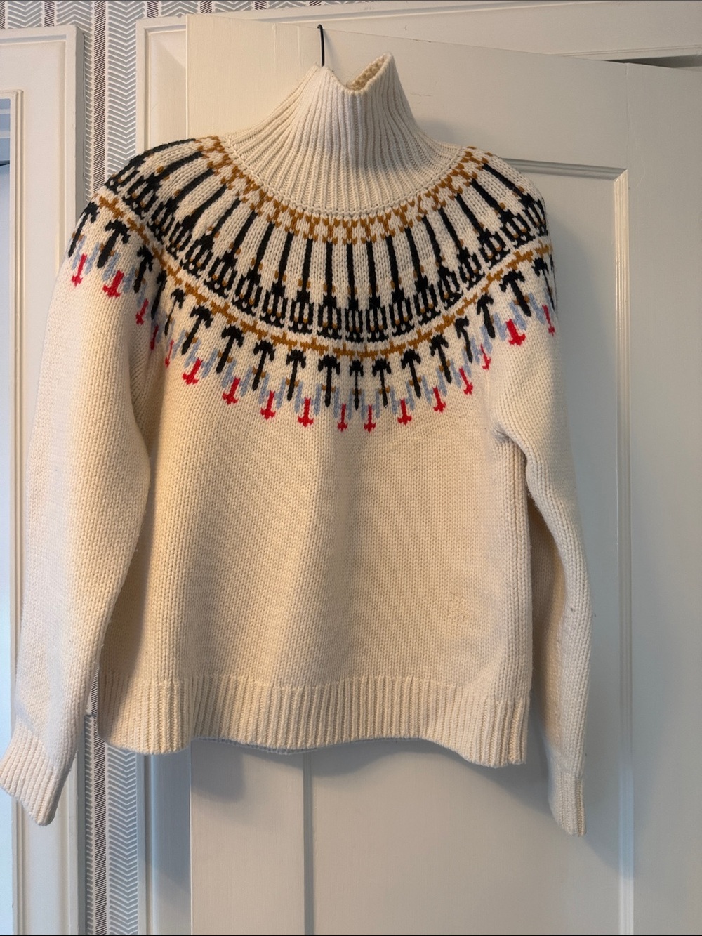 Tory Burch Cream Turtleneck Fair Isle Sweater with Black & Gold Accents
